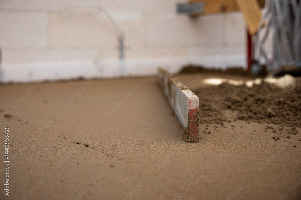 A screed tool levels freshly laid Estrich concrete indoors, with white walls, electrical outlets, and cables visible in the background.