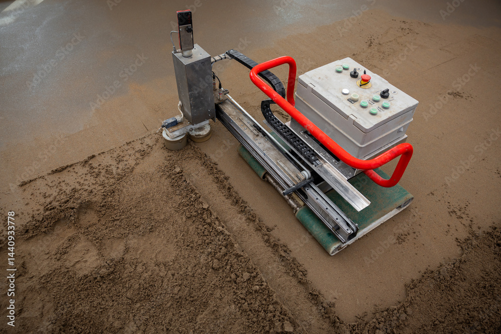 A construction site showing a machine with a red safety handle and control panel, used for leveling screed concrete over underfloor heating pipes.