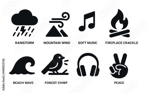 Nature sound silhouette icon set – filled style elements for relaxation and meditation featuring rainstorm, mountain wind, soft music, fireplace, ocean, birdsong, headphones, peace