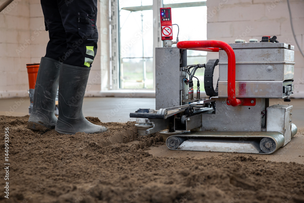 A construction worker operates a leveling machine with a red handle on concrete in an unfinished interior with white brick walls and large windows.