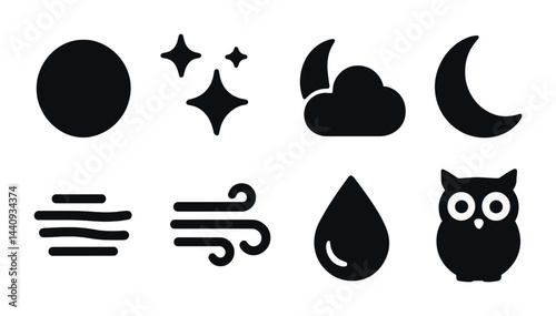 Nighttime nature icons set – solid silhouette design for evening, weather, and natural themes: moon, stars, clouds, raindrop, owl, wind, haze, clear night.