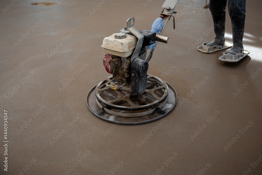 A construction worker smooths wet concrete using a power trowel, revealing embedded underfloor heating pipes. Protective footwear is worn for safety.