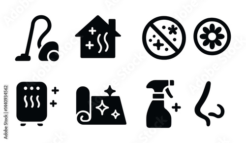 Home cleaning solid icons set – filled style hygienic, sterilization, and freshness symbols for housekeeping: vacuum, house, germ-free, air freshener, purifier, carpet, spray, nose.