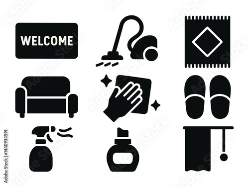 Home cleaning silhouette icons set – filled style for hygiene, organization, interior design: welcome mat, vacuum cleaner, couch, cleaning hand, spray bottle, detergent, slippers, towel.