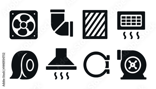 Hvac and airflow symbols set – solid style heating, ventilation, cooling icons for building design: fan, duct, filter, thermostat, pipe, exhaust hood, blower.