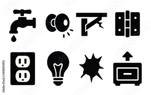 Home improvement silhouette icons set - solid style tools, repair, and diy symbols for projects: faucet, doorknob, ladder, hinges, outlet, lightbulb, crack, toolbox