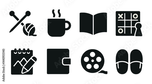Cozy home leisure icons set – silhouette style relaxation, hobbies, and indoor activities symbols for downtime: knitting, coffee cup, book, game, notebook, journal, film, slippers.