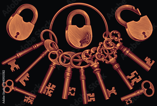 A bunch of keys and a lock. Design set. Editable hand drawn illustration. Vector vintage engraving. Isolated on black background. 8 EPS