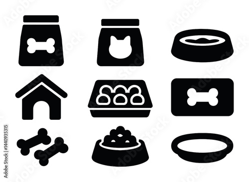 Pet care silhouette icons set – solid style pet supplies, animal accessories, and cat dog essentials: food, bowl, litter box, bone, house, collar, water dish