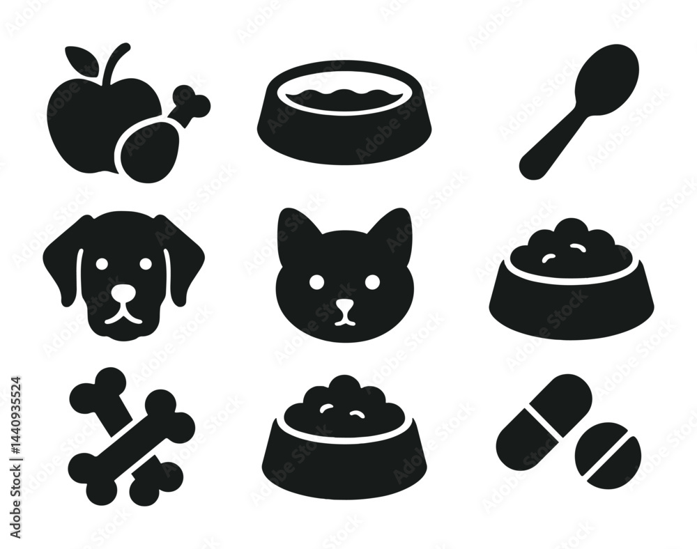 Pet care solid icons set – silhouette style animal food, nutrition, and accessories symbols for veterinary and lifestyle design: dog, cat, food bowl, bone, apple, spoon, pills