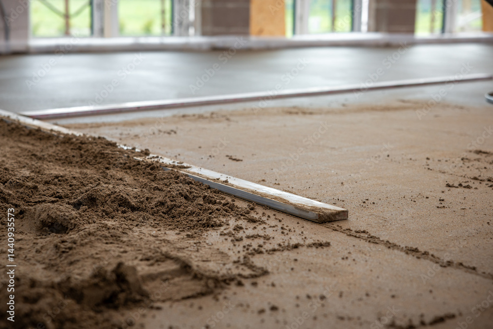 Construction site interior showing underfloor heating pipes being installed and covered with screed concrete. Natural light enters through large windows.