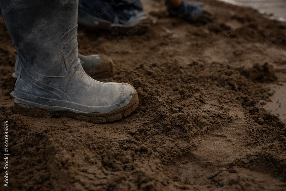 Muddy boots stand on damp, uneven soil with additional footwear in the background. The ground appears freshly disturbed, suggesting outdoor work activity.