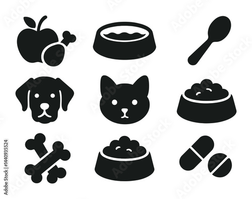 Obraz na płótnie Pet care solid icons set – silhouette style animal food, nutrition, and accessories symbols for veterinary and lifestyle design: dog, cat, food bowl, bone, apple, spoon, pills w salonie