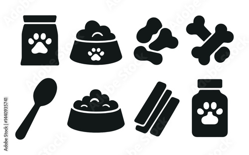 Pet food solid icons set – silhouette style for animal diet, nutrition, and supplies: food bag, bowl, bones, spoon, treats, supplement jar.