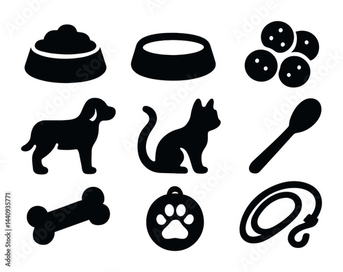 Pet care solid icons set – silhouette style for animal welfare, veterinary essentials, and pet grooming: cat, dog, leash, spoon, food bowl, collar, bone, paw print.