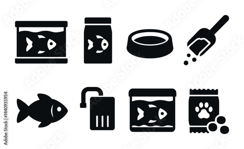 Pet aquatics solid icons set – filled style fish care, aquarium maintenance, and pet supplies: fish tank, fish food, pet bowl, fish, pet scoop, water pump, fish bag