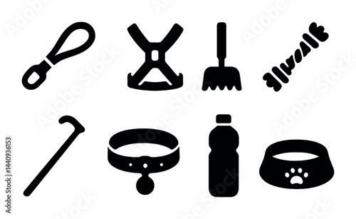 Pet care essentials icon set – solid style animal accessories, grooming, and training symbols for pet lovers: leash, harness, rake, chew toy, cane, collar, water bottle, bowl.