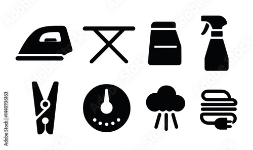 Home cleaning and laundry icons set – solid style symbols for housekeeping, chores, and domestic tasks: iron, ironing board, detergent, spray bottle, clothespin, timer, cloud, folded laundry.