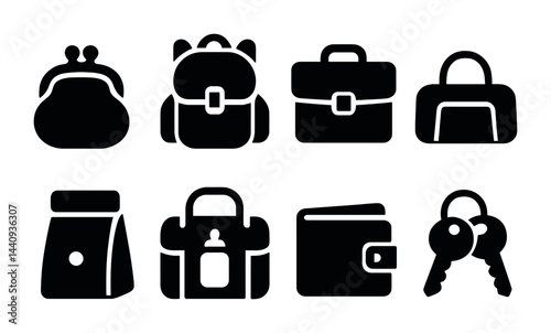 Fashion accessories silhouette icons set: elegant bags, wallets, and keys in a solid style for design projects: purse, backpack, briefcase, handbag, pouch, satchel, wallet, keys.