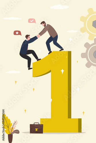 Rewarding, team of best workers. Help in training, learning or work. Colleague helps businessman rise to first place. Successful business people climbing on giant number one.