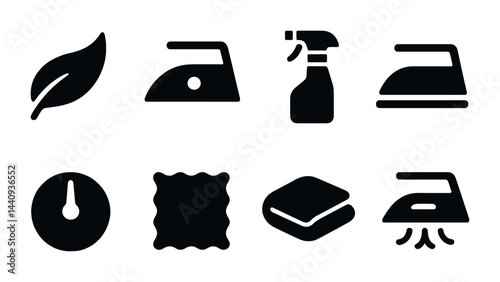 Home cleaning and laundry solid icons set – simplified housework tools and eco-friendly symbols: leaf, iron, spray bottle, timer, fabric swatch, sponge, steam iron