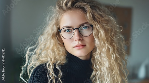 Pretty European businesswoman with blond curls portrait indoors  
 photo