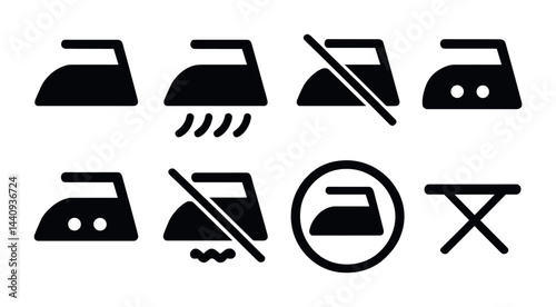 Laundry care icons set – solid style garment and fabric symbols for clothing maintenance: iron, steam iron, no iron, medium heat, ironing board