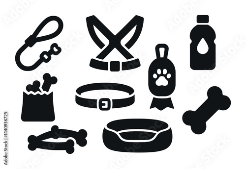 Pet care silhouette icons set – solid style animal accessories and supplies for pet lovers: dog leash, pet harness, food bag, water bottle, collar, bone, bed, toy.
