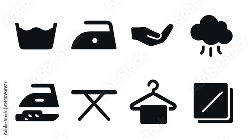 Laundry care symbols and icons for cleaning instructions and fabric maintenance