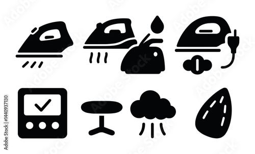 Household appliances filled icons set – solid style laundry and ironing tools for home management: steam iron, ironing board, steam generator, smart control, water tank