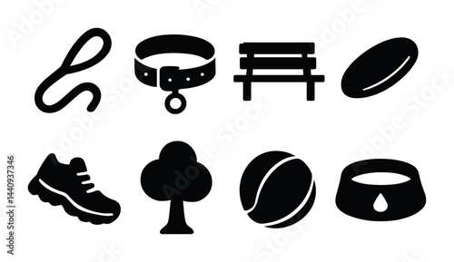 Pet care solid icons set – filled style animal, veterinary, and training symbols for pet lovers: leash, collar, park bench, frisbee, shoe, tree, ball, bowl.