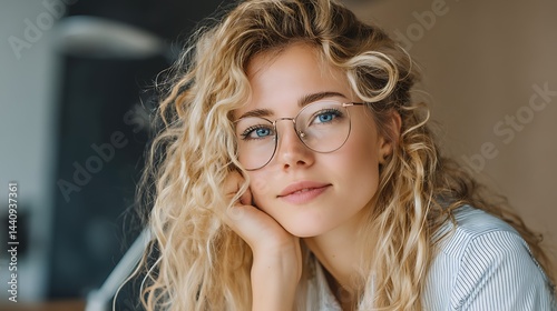 Stylish young European woman with glasses in portrait smile  
 photo