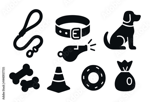 Pet care solid icons set – silhouette style for animal welfare, training, and accessories: leash, collar, whistle, sitting dog, bone, traffic cone, chew toy, treat bag.