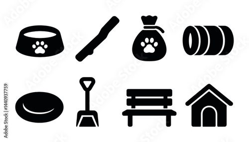 Pet care solid icons set – silhouette style animal supplies and accessories: dog bowl, bone, food bag, agility tunnel, tug toy, shovel, park bench, doghouse