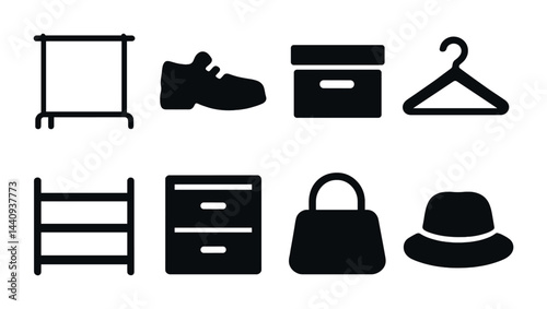 Fashion and apparel solid icons set – silhouette style clothing, accessories, and retail symbols for wardrobe organization: clothes rack, shoes, storage box, hanger, shelf, drawer, handbag, hat.