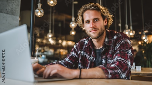 Young freelancer on laptop in cafe looking at camera AI  
 photo