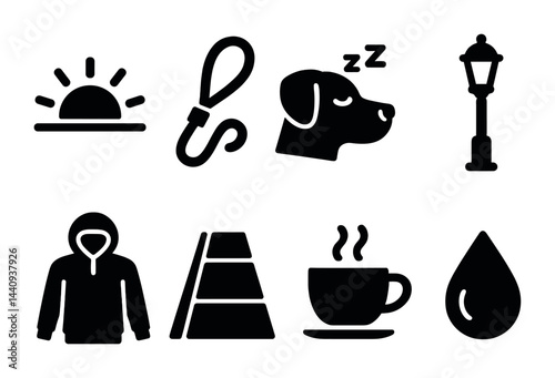 Pet care and leisure solid icon set – filled style pet care, relaxation, and daily routine symbols for animal lovers: sun, leash, dog head, street lamp, hoodie, pyramid, coffee cup, drop.