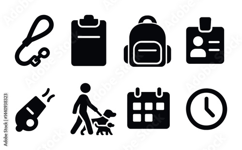Guide dog training solid icons set – filled style assistance, accessibility, and support symbols for mobility aid: leash, clipboard, backpack, id badge, whistle, guide dog, calendar, clock.