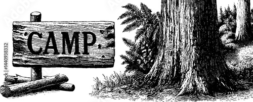 Rustic wilderness adventure: engraved camp sign and forest trail illustration for nature lovers