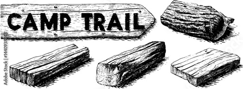 Engraved camp trail sign and wooden planks illustration set for outdoor design