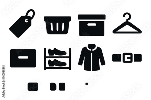 Retail and shopping solid icons set - flat style for e-commerce, fashion store, and inventory management: price tag, shopping basket, box, hanger, shirt, shoes, belt