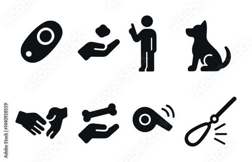 Dog training icons set featuring clicker, treats, commands, and leash for pet behavior and education