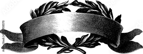 Engraved crest with laurel frame and ornate banner. Vintage emblem design featuring classic heraldic scrolls