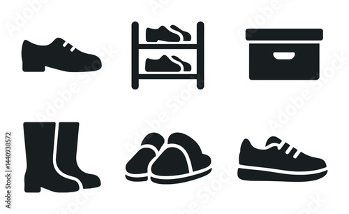 Footwear essentials silhouette icon set – solid style shoes, sneakers, and boots for fashion design: formal shoe, shoe rack, storage box, boots, slippers, casual sneakers
