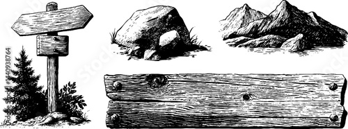 Vintage engraved illustration of direction signs and mountain landscape