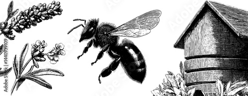 Engraved illustration of honeybee and lavender with beehive for nature design