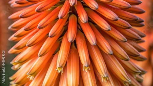 Vibrant close-up of an orange flower with elongated petals in a dense, symmetrical pattern, featuring gradient hues for striking visual appeal