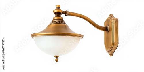 Elegant vintage brass wall sconce with frosted glass lampshade isolated on white, classic interior lighting.