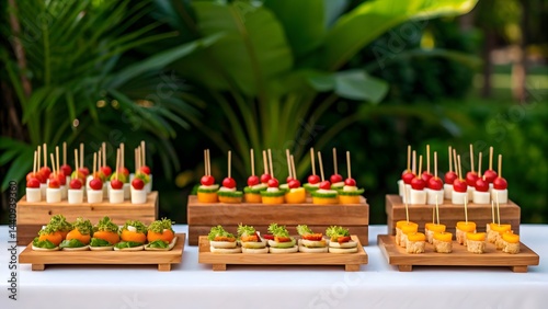 Elegant outdoor catering with gourmet appetizers, bite-sized sandwiches, skewers, and fresh ingredients on wooden trays for stylish event dining