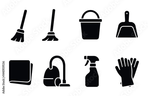 Home cleaning silhouette icon set – essential household and hygiene tools for domestic chores: broom, mop, bucket, dustpan, cloth, vacuum, spray bottle, gloves.